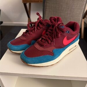 Nike Air Max 1 Burgundy and Blue Sneakers men’s 8 with Pink Swoosh